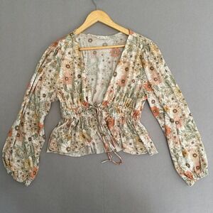 Endless Blu Floral Tie Front Blouse Womens Large Cream Boho Peplum Cottagecore